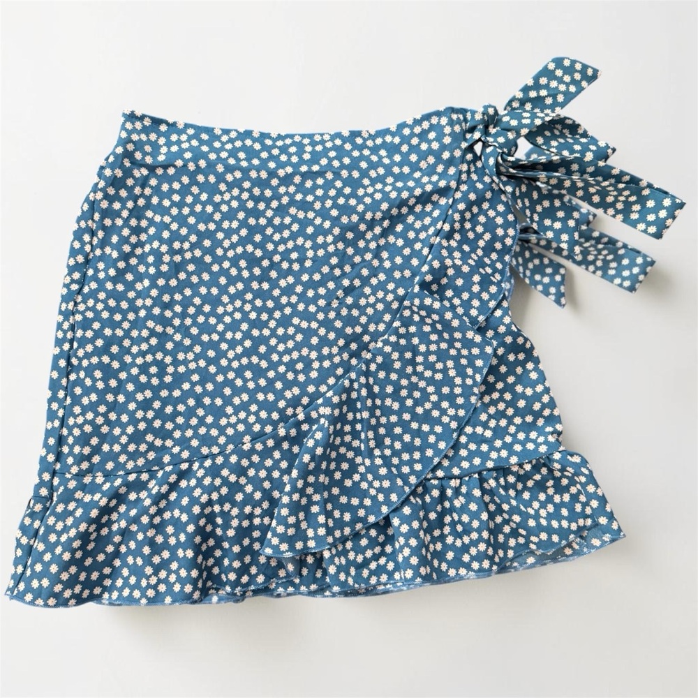 Blue Floral Wrap Ruffle Mini Skirt